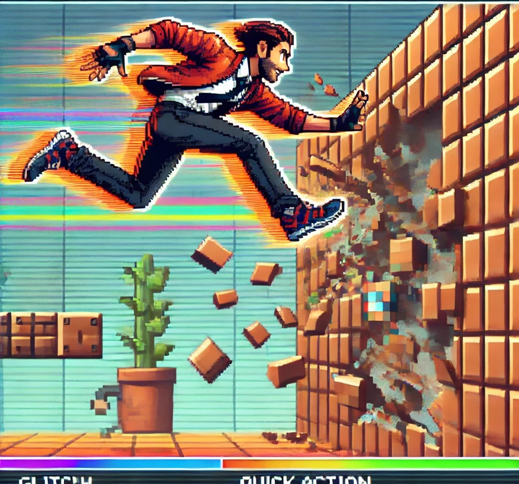 A retro-style speedrun scene showing a character using a glitch to clip through a wall, highlighting quick movement and precision in a pixelated 2D environment with glitch effects.