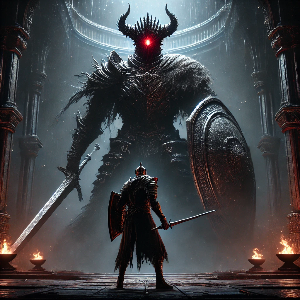 A Dark Souls scene with a player character holding a sword and shield, facing a massive armored boss with glowing red eyes in a dark, gothic arena. The atmosphere is grim, emphasizing the intense and challenging nature of the game.